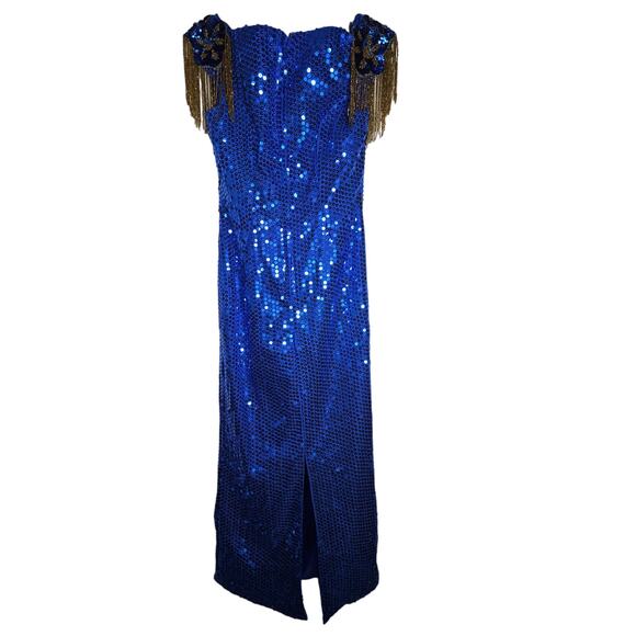 Vintage 80s J. Reynolds Atlanta 10 Glam Blue Sequin Formal Gown Dress Fringe - Picture 3 of 3